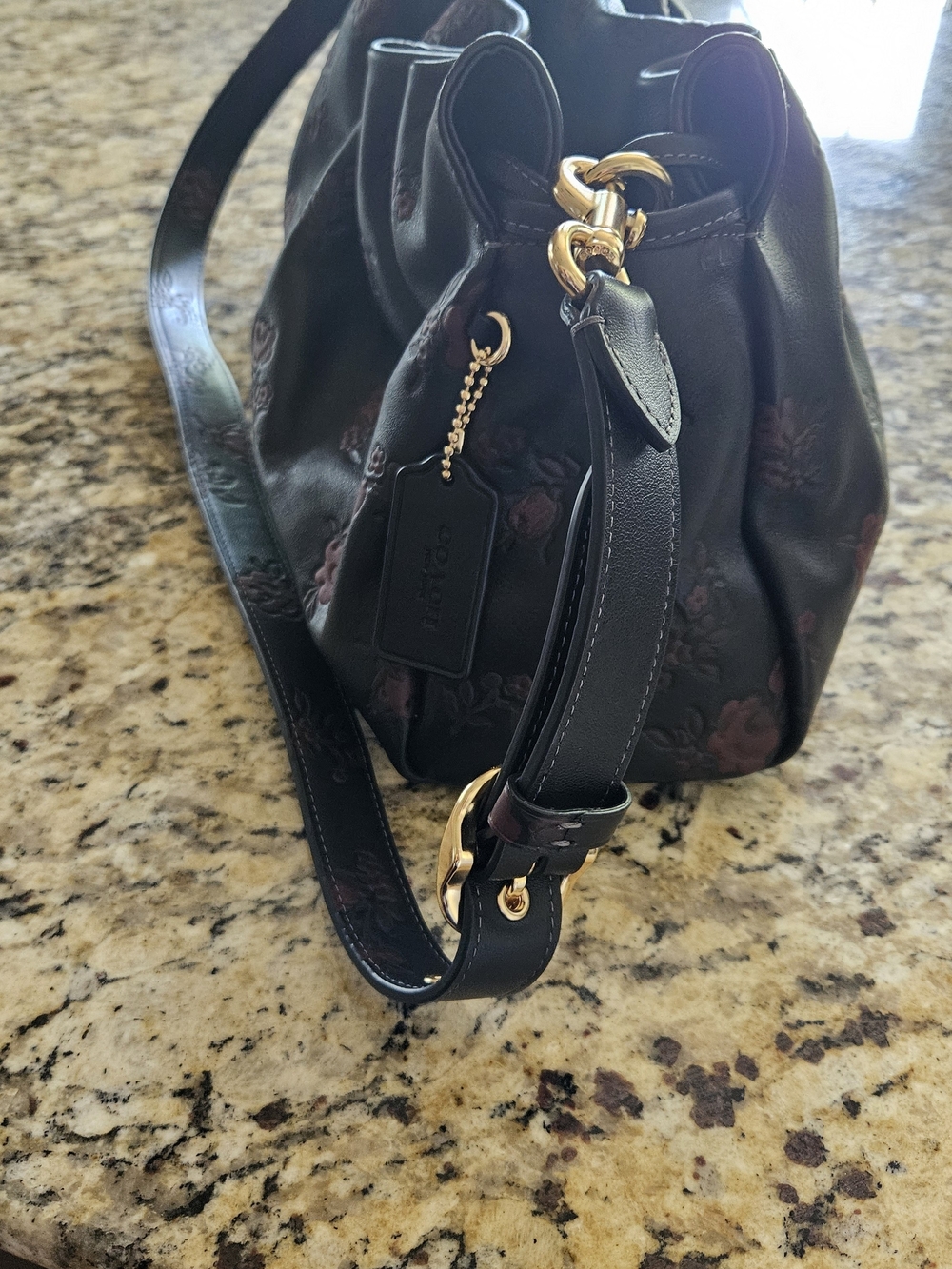 Coach Black Leather Shoulder Bag (Large) with Floral Embossing and Gold Chain - Picture 8 of 10